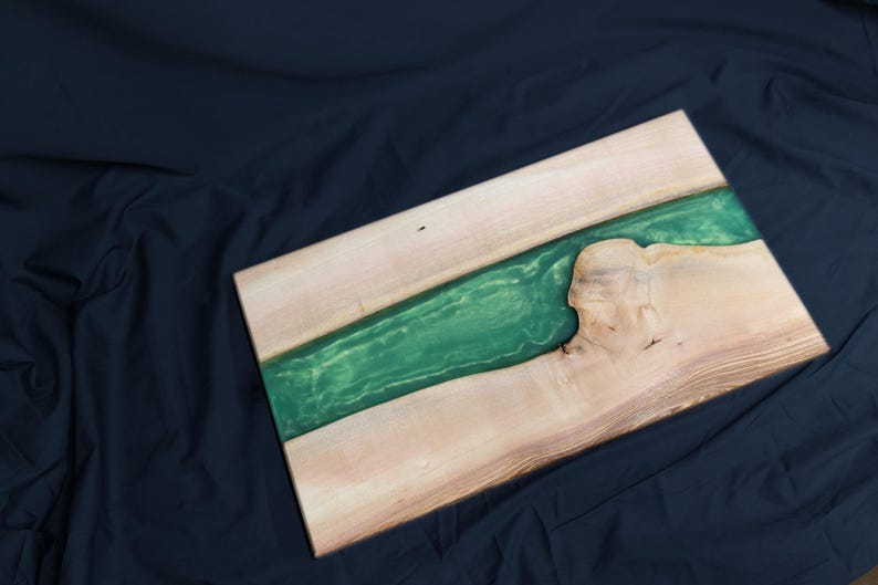 Ash Hardwood & Green Epoxy River Chopping Board: Live Edge Charcuterie Board