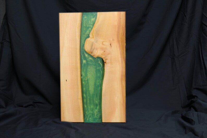 Ash Hardwood & Green Epoxy River Chopping Board: Live Edge Charcuterie Board