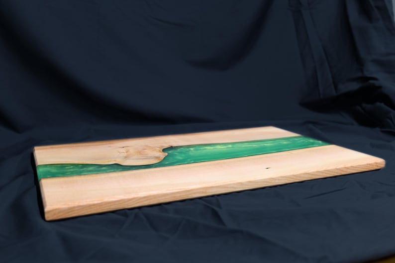 Ash Hardwood & Green Epoxy River Chopping Board: Live Edge Charcuterie Board