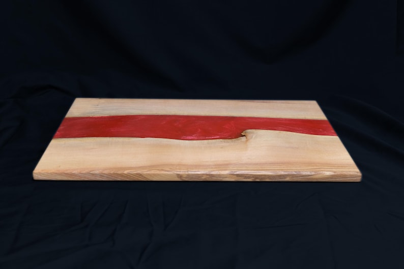 Ash Hardwood & Red Epoxy River Chopping Board: Live Edge Charcuterie Board