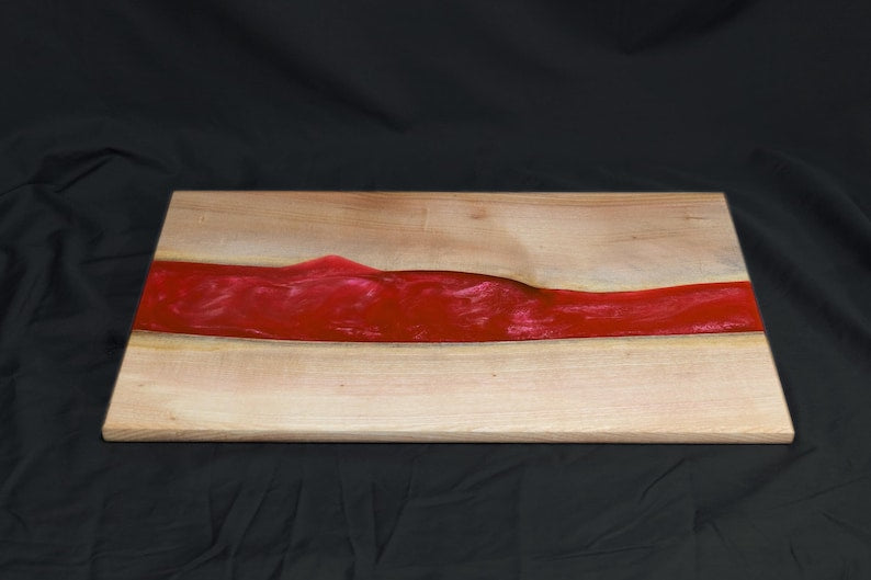 Ash Hardwood & Red Epoxy River Chopping Board: Live Edge Charcuterie Board