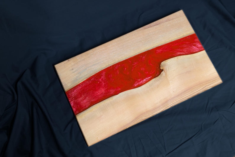 Ash Hardwood & Red Epoxy River Chopping Board: Live Edge Charcuterie Board