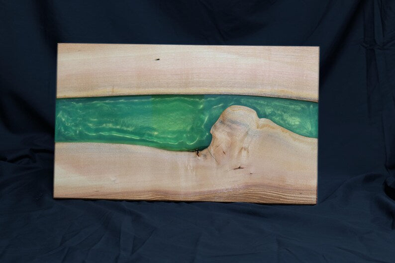 Ash Hardwood & Green Epoxy River Chopping Board: Live Edge Charcuterie Board